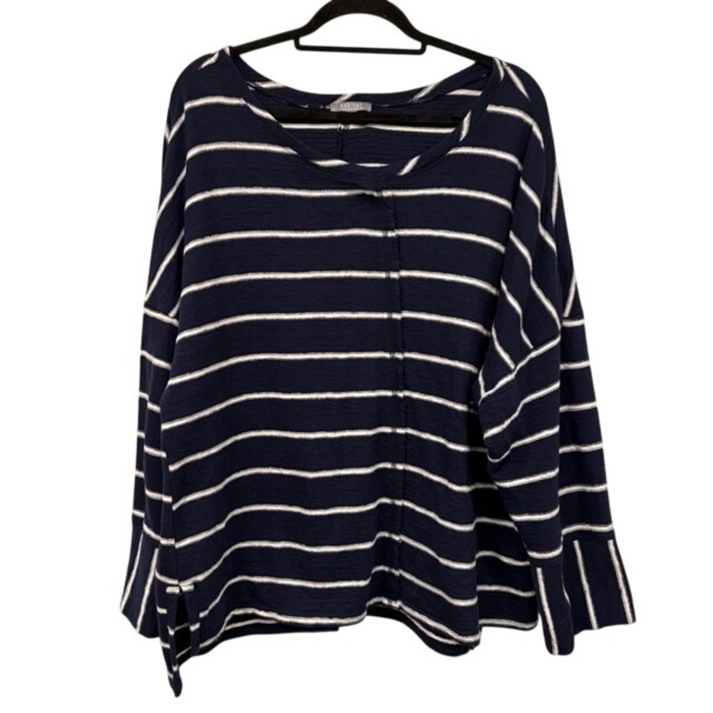 Habitat Womens XL Top Navy Blue White Striped Textured Cotton‎ Lagenlook  Shirt